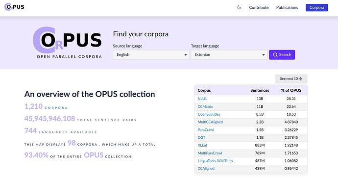 Screenshot of the Opus.nlp.eu homepage