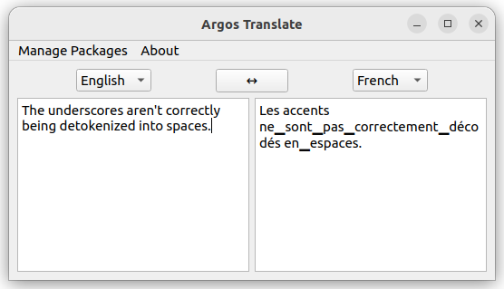 Argos Translate screenshot with the detokenizer working incorrectly